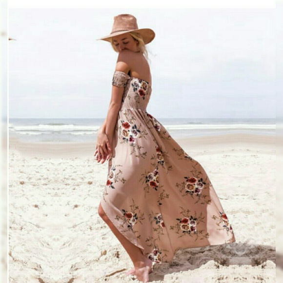 Tan boho floral off the shoulder maxi with slit - Picture 3 of 6